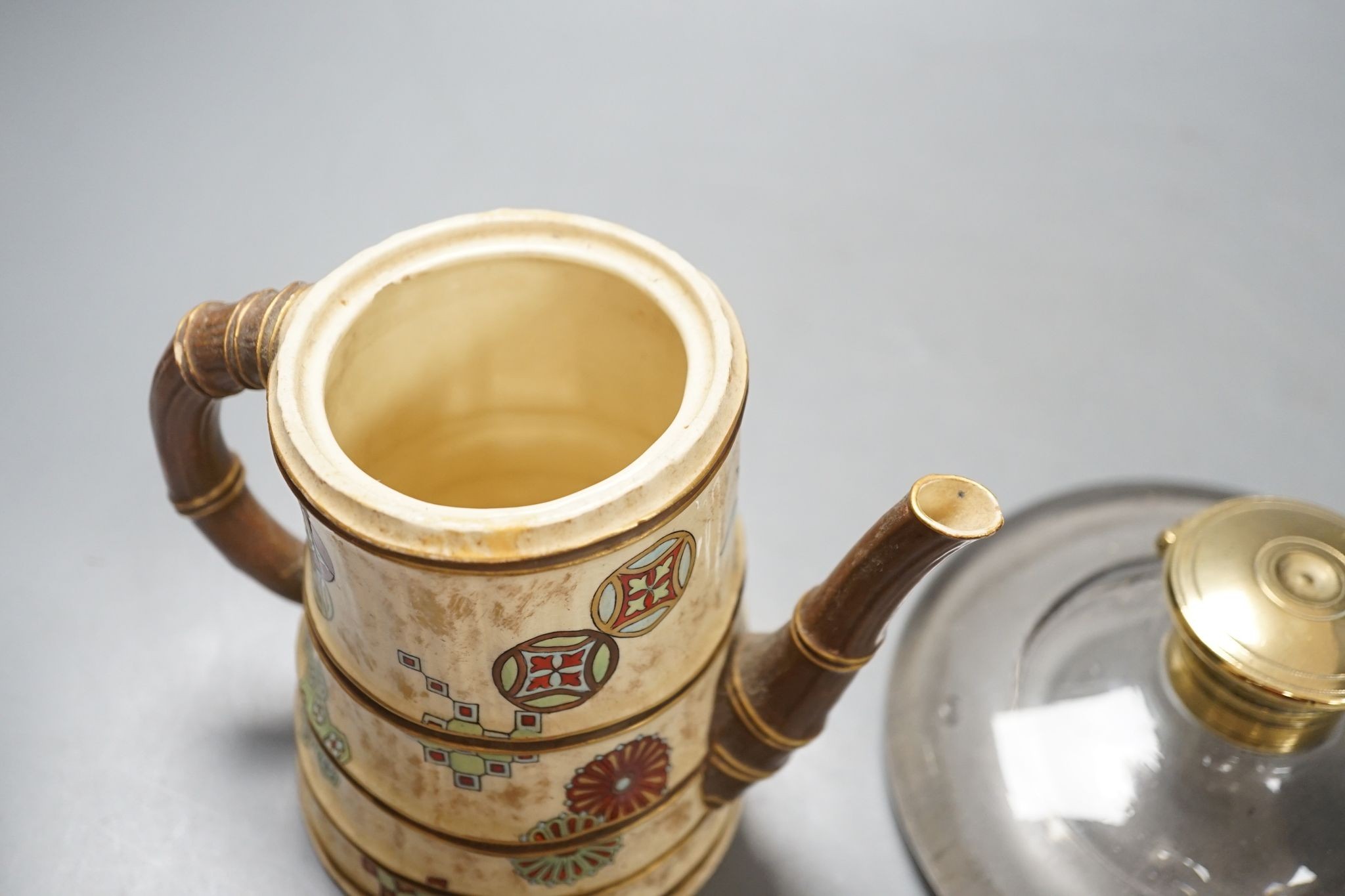 A Royal Worcester Japanese taste coffee pot and a Victorian glass squat shaped inkwell, with a brass lid (2)